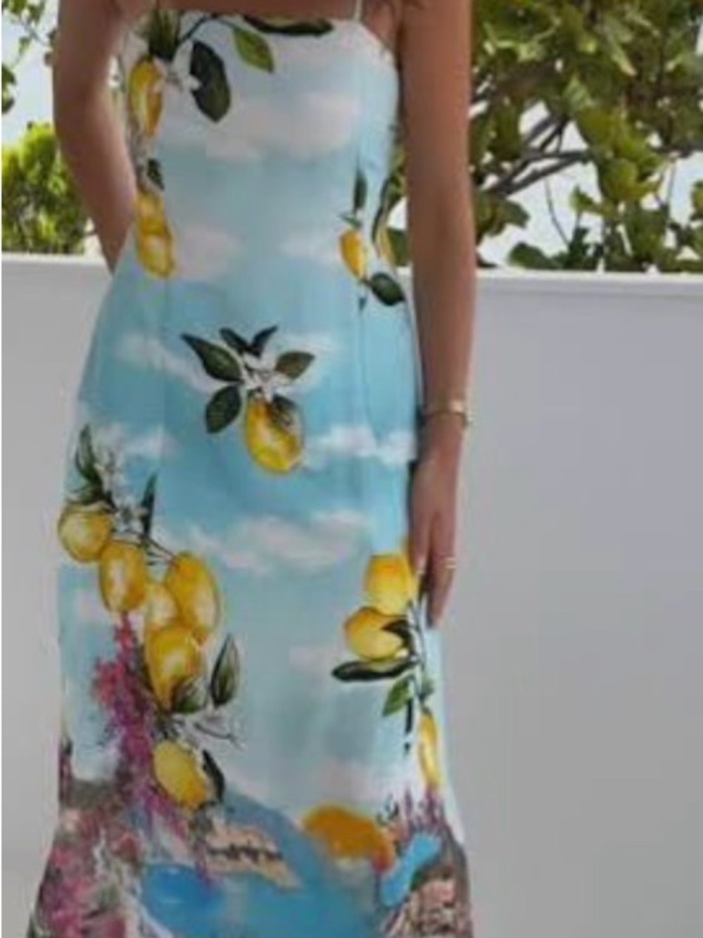 Sky Blue Lemon-Print Maxi Slip Dress